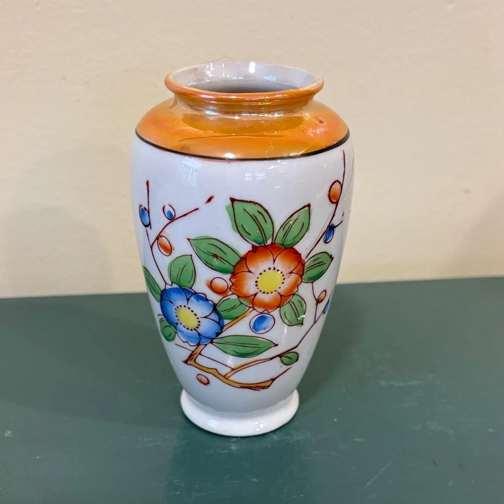 Vintage Japanese Lusterware Porcelain Vase with Hand Painted  Floral Design.